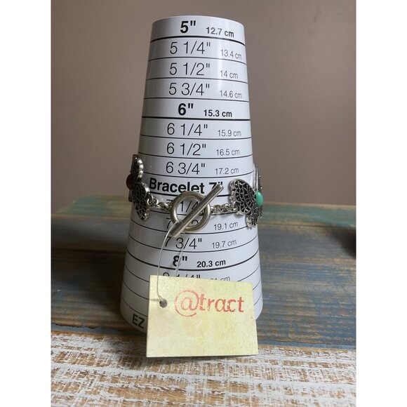 Butterfly Design Silver Bracelet With Turquoise & Red Accents - Picture 2 of 4